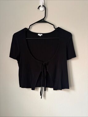 Garage Black Ribbed Tie-Front Short Sleeve Crop Top